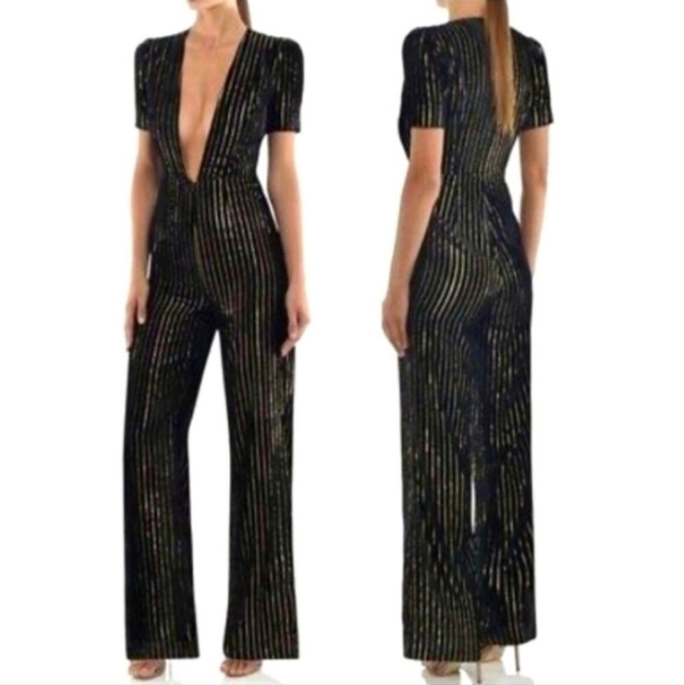 Misha Collection Natalia Black Velvet Gold Striped Jumpsuit Pantsuit Sz 2 XS NWT